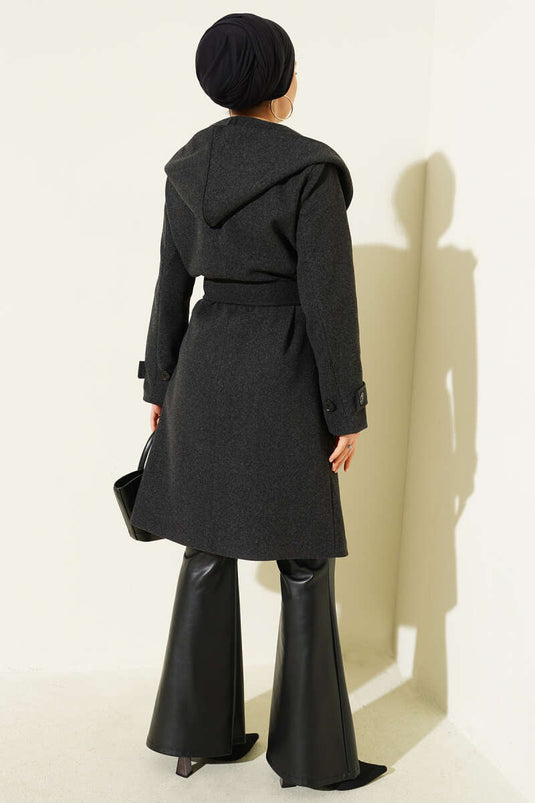 Hooded Buttoned Cashmere Coat Anthracite
