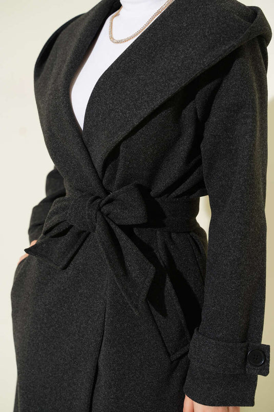 Kasjmier jas met capuchon en knopen, antraciet