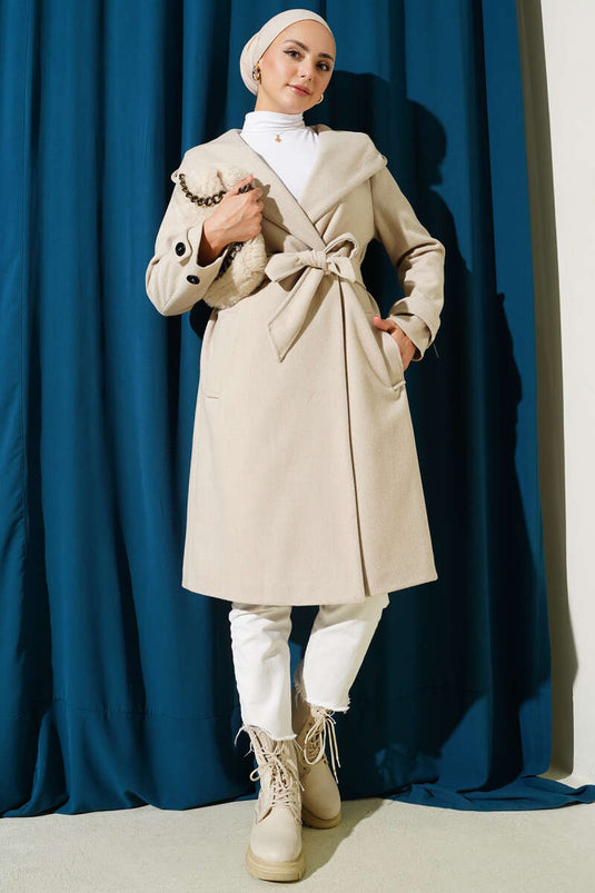 Hooded Buttoned Cashmere Coat Beige