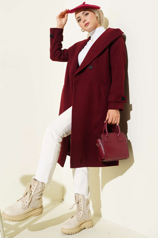 Hooded Buttoned Cashmere Coat Burgundy
