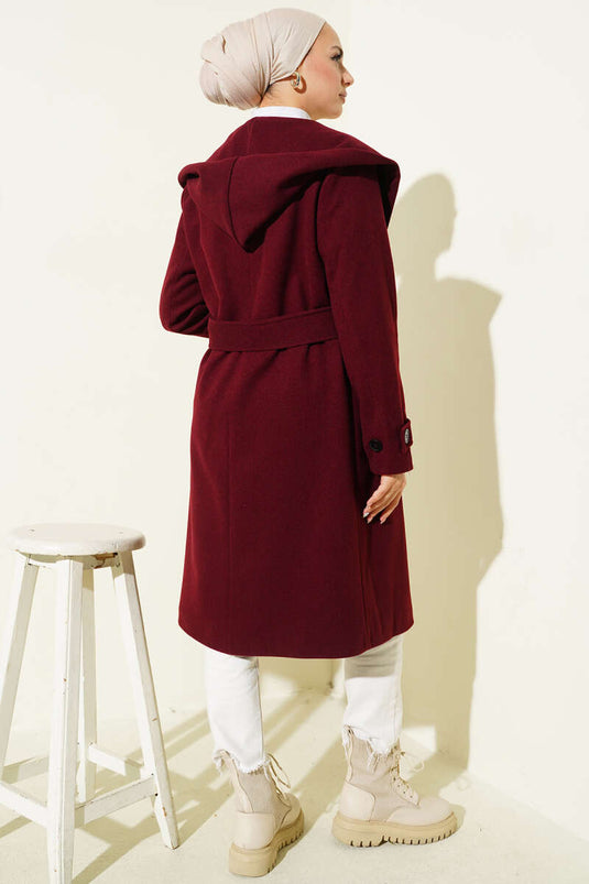 Hooded Buttoned Cashmere Coat Burgundy