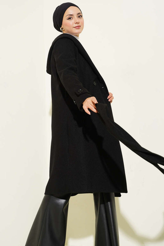 Hooded Buttoned Cashmere Coat Black
