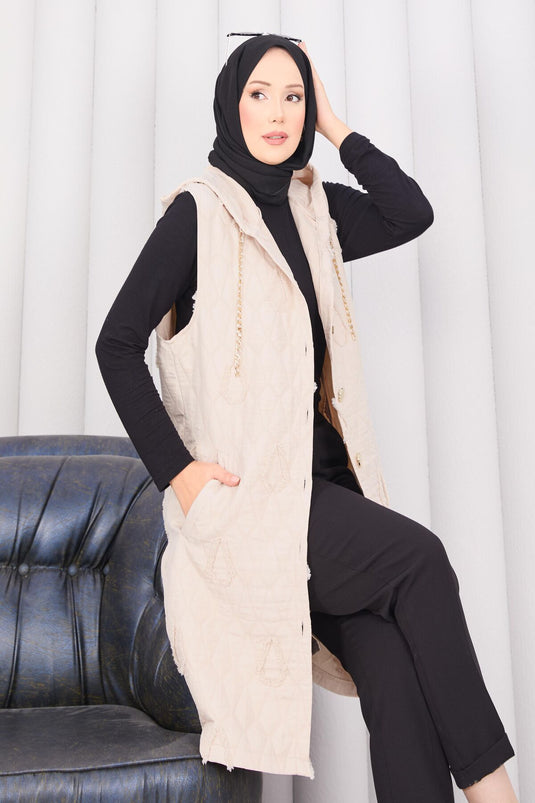 سترة حجاب مبطنة بغطاء رأس وأزرار باللون البيج