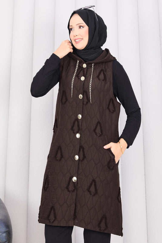 سترة حجاب مبطنة بغطاء رأس وأزرار باللون البني