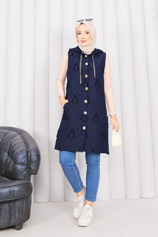Hooded Buttoned Hijab Quilted Vest Navy Blue