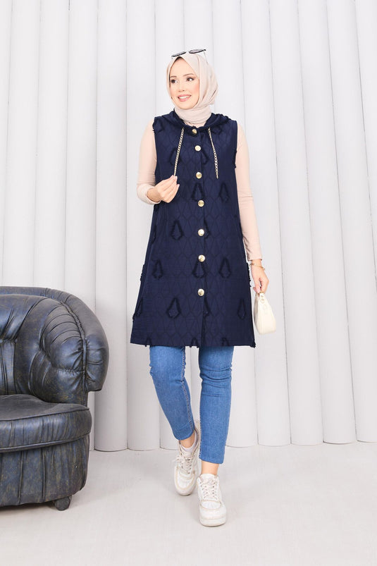 Hooded Buttoned Hijab Quilted Vest Navy Blue