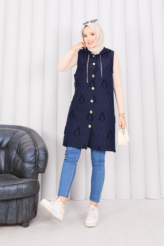 Hooded Buttoned Hijab Quilted Vest Navy Blue