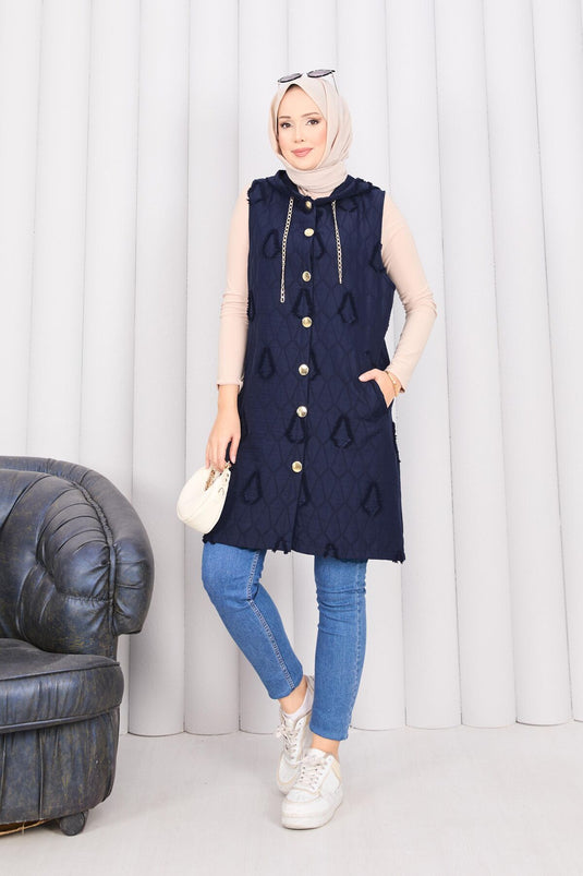 Hooded Buttoned Hijab Quilted Vest Navy Blue