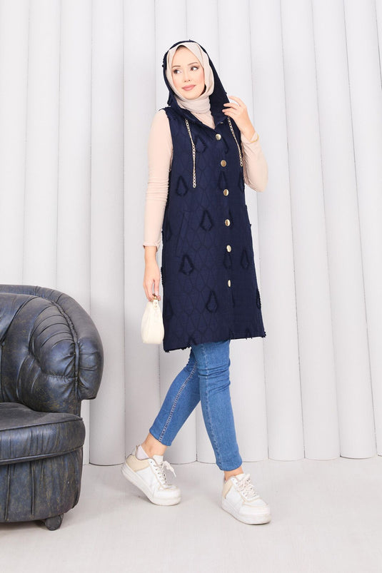 Hooded Buttoned Hijab Quilted Vest Navy Blue