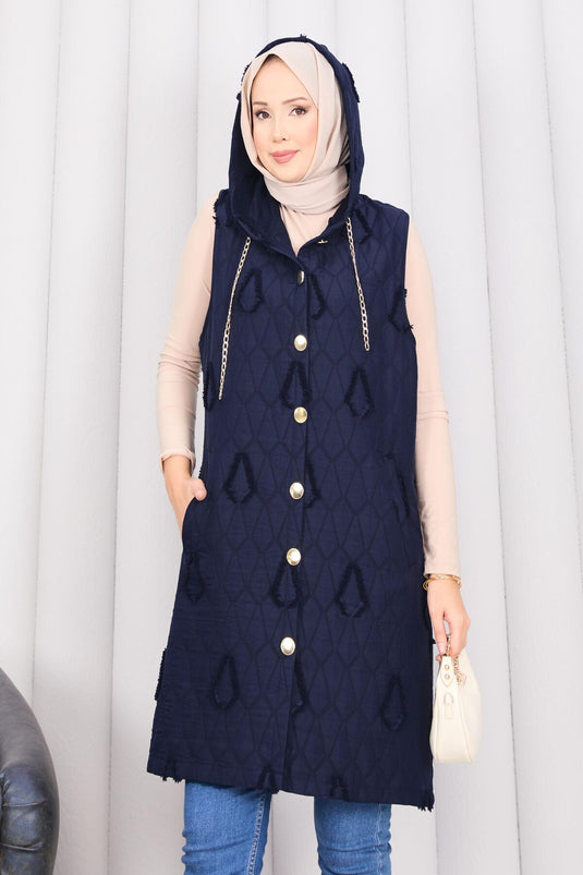 Hooded Buttoned Hijab Quilted Vest Navy Blue
