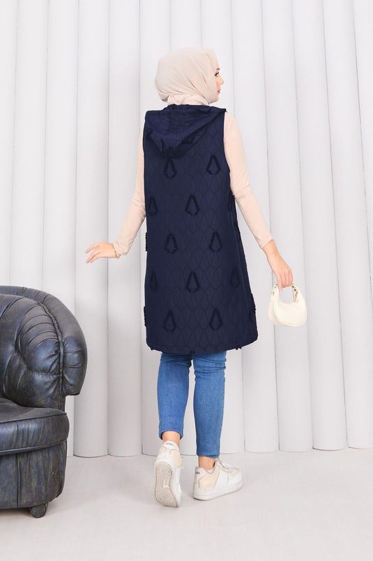 Hooded Buttoned Hijab Quilted Vest Navy Blue