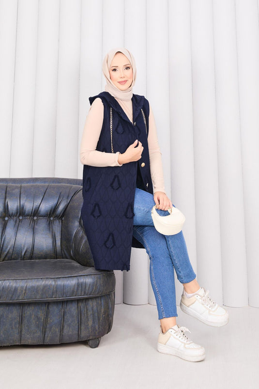 Hooded Buttoned Hijab Quilted Vest Navy Blue
