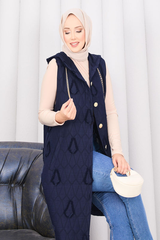 Hooded Buttoned Hijab Quilted Vest Navy Blue