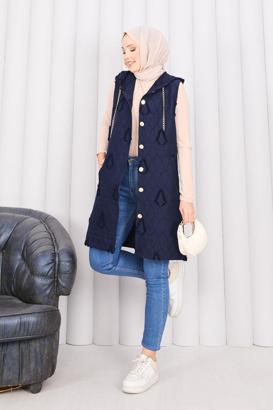 Hooded Buttoned Hijab Quilted Vest Navy Blue