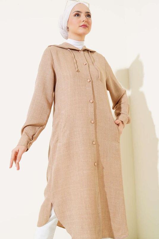 Beige Long Buttoned Coat with Hood