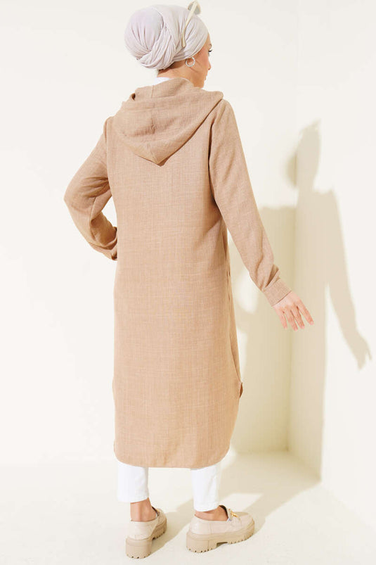 Beige Long Buttoned Coat with Hood
