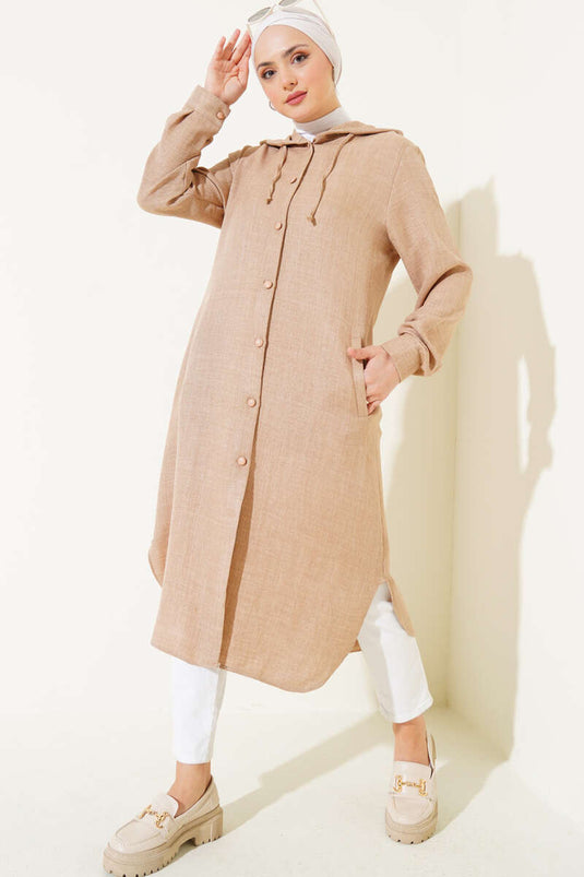 Beige Long Buttoned Coat with Hood