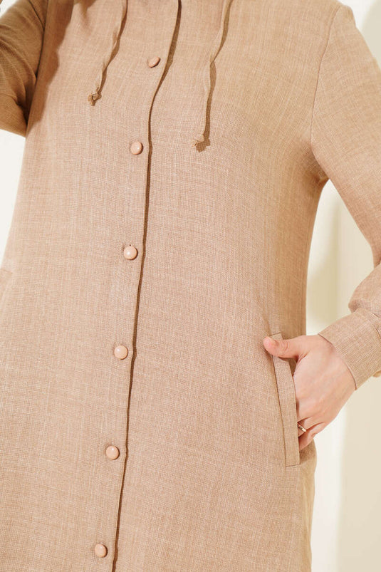 Beige Long Buttoned Coat with Hood
