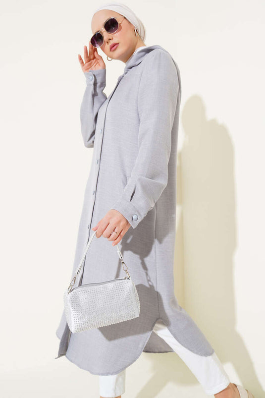 Hooded Buttoned Long Coat Gray