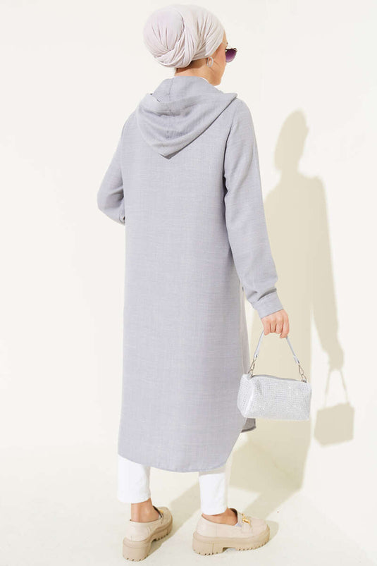Hooded Buttoned Long Coat Gray