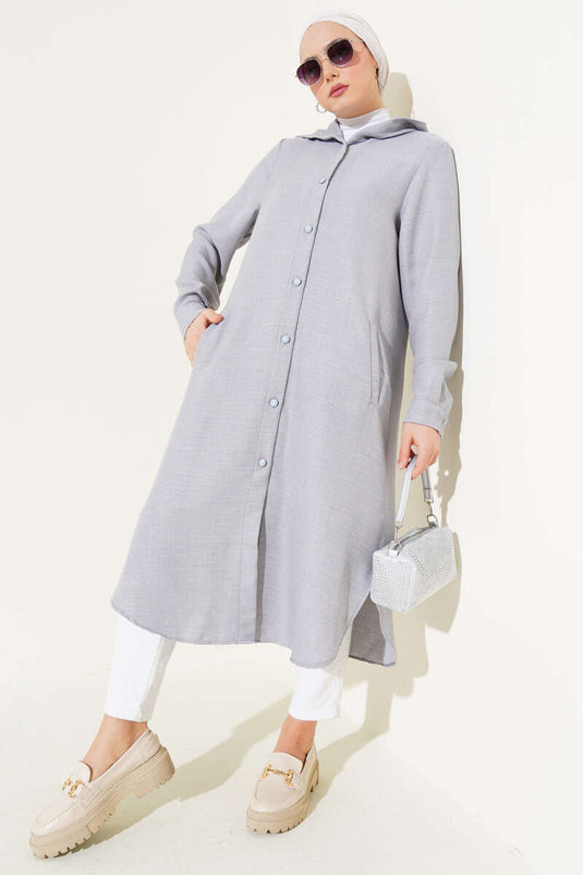 Hooded Buttoned Long Coat Gray