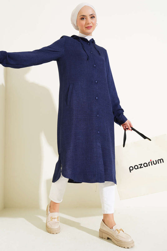 Kapüşonlu Düğmeli Uzun Kap Lacivert