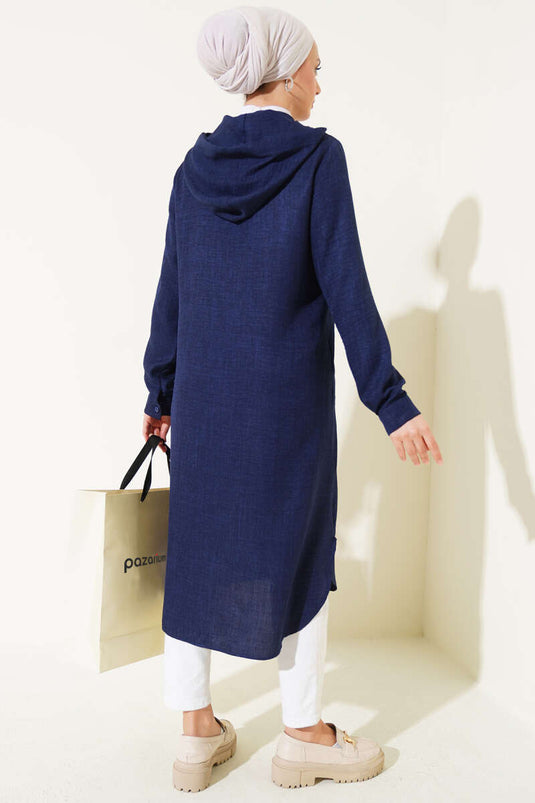 Kapüşonlu Düğmeli Uzun Kap Lacivert