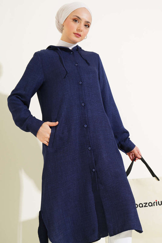 Kapüşonlu Düğmeli Uzun Kap Lacivert