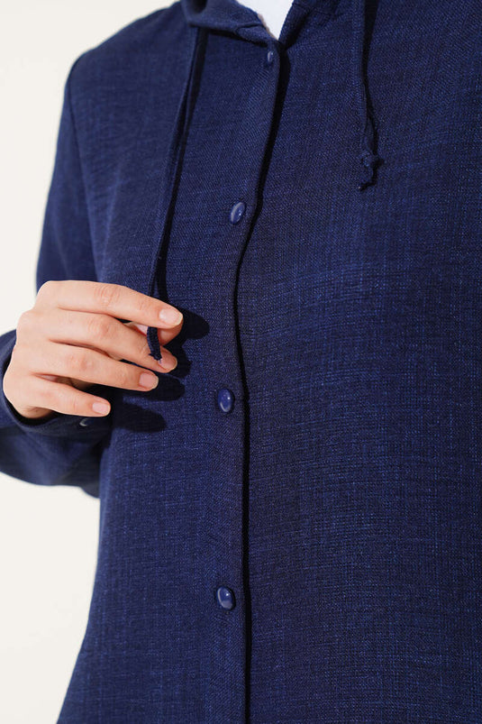 Kapüşonlu Düğmeli Uzun Kap Lacivert