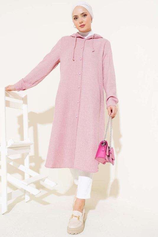 Hooded Buttoned Long Coat Powder