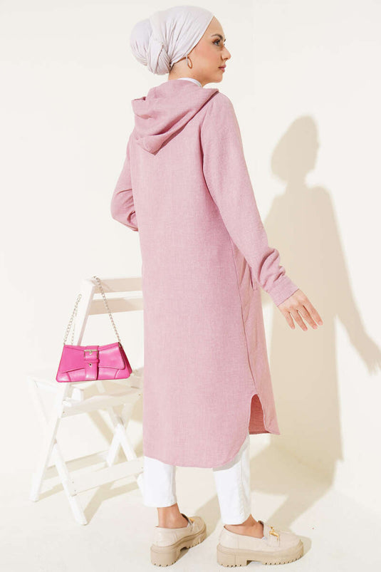 Hooded Buttoned Long Coat Powder