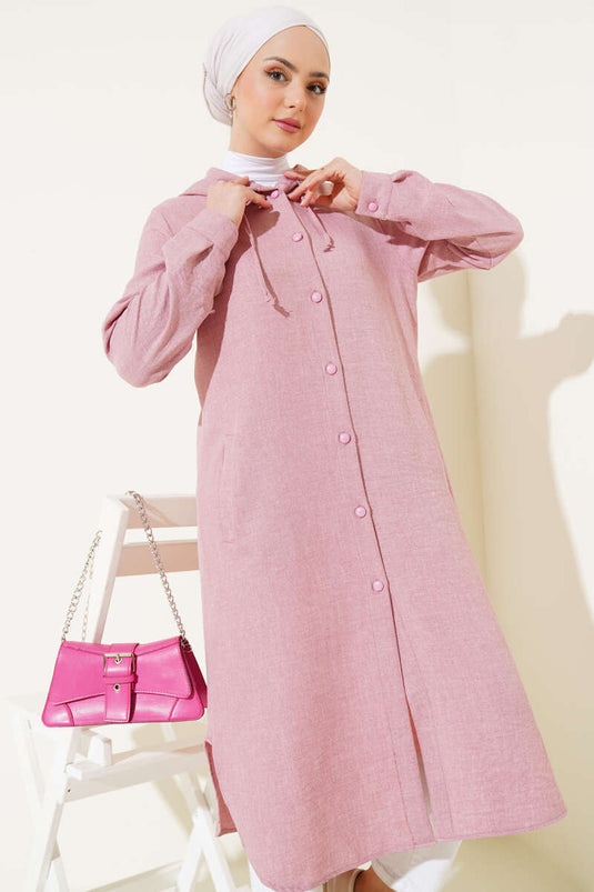 Hooded Buttoned Long Coat Powder