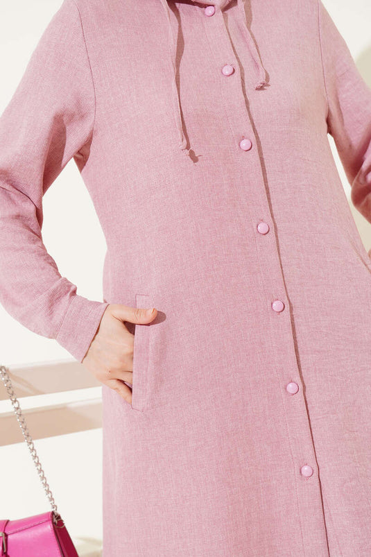 Hooded Buttoned Long Coat Powder