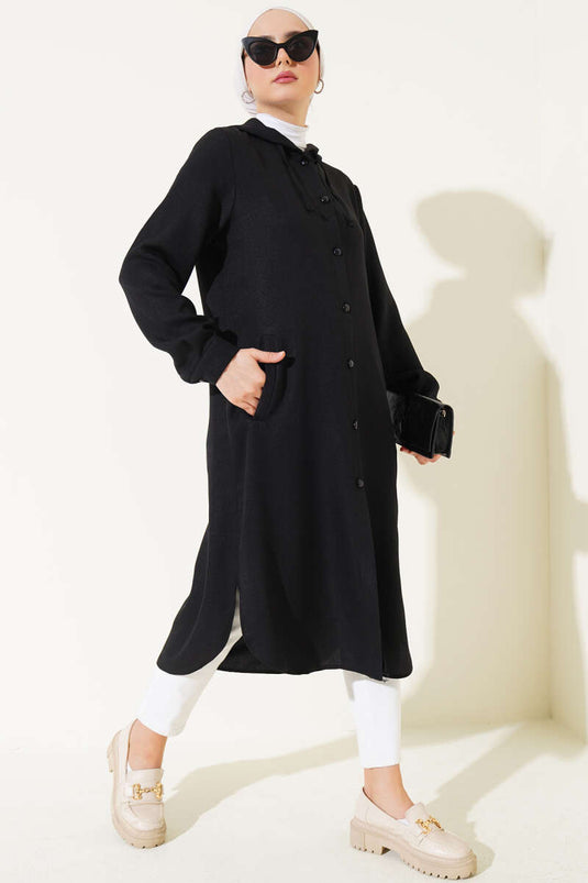 Hooded Buttoned Long Coat Black