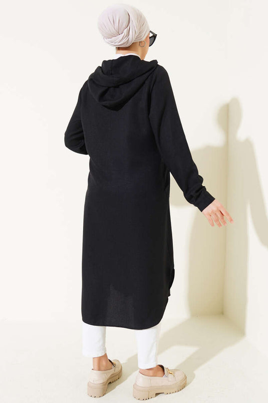 Hooded Buttoned Long Coat Black