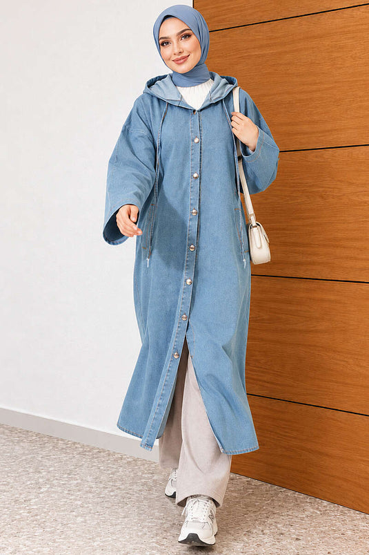 Lange Denim Jas Met Capuchon En Knopen In Lichtblauw
