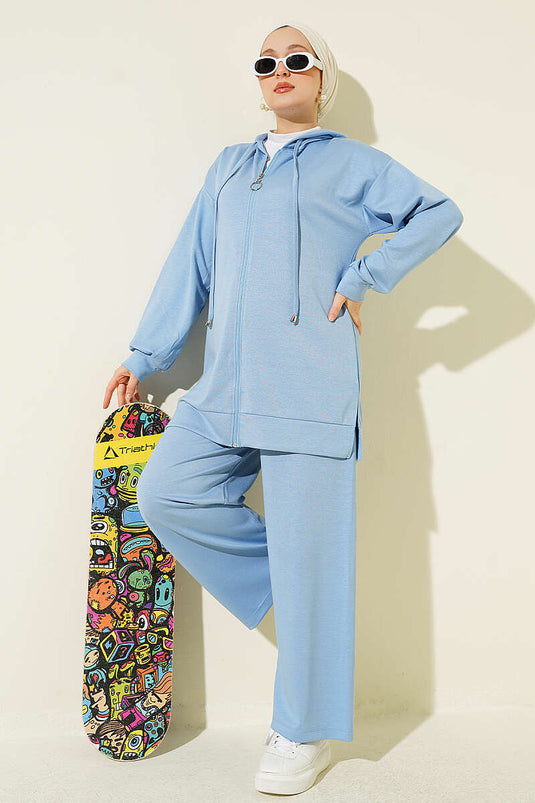Ensemble Lounge À Capuche Et Épaules Dénudées Bleu