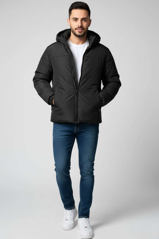 Schwarze Herren-Steppjacke mit Kapuze