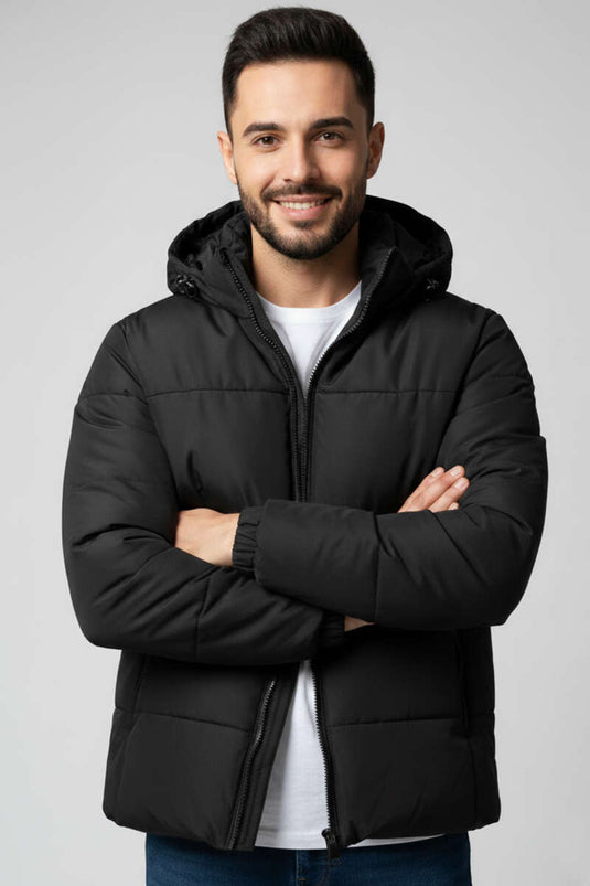 جاكيت رجالي منفوخ بغطاء رأس، أسود