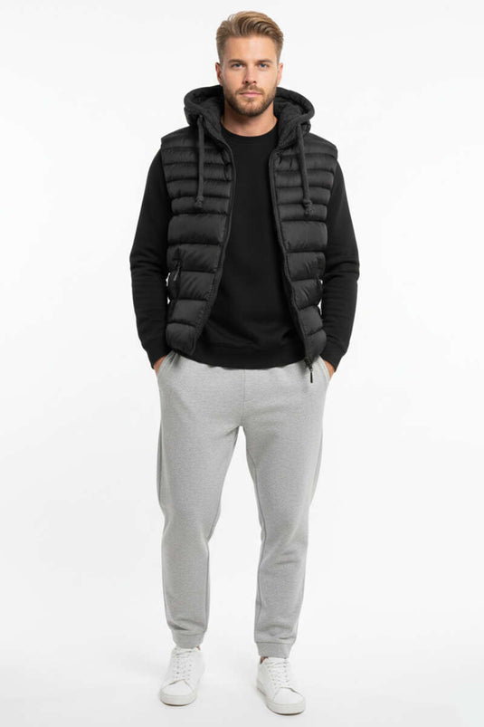 سترة رجالية مبطنة بغطاء رأس باللون الأسود