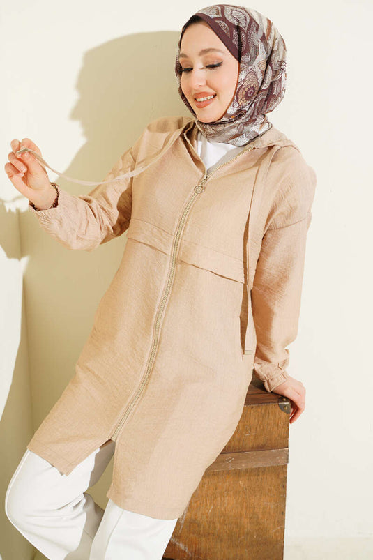 Abaya mit Kapuze und Reißverschluss-Details, Beige