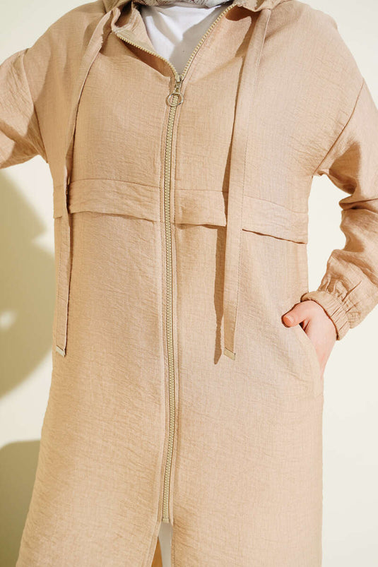 Abaya met capuchon en ritssluiting, beige