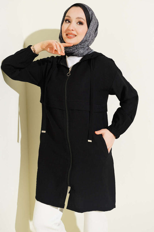 Black Abaya with Hood and Zipper Detail