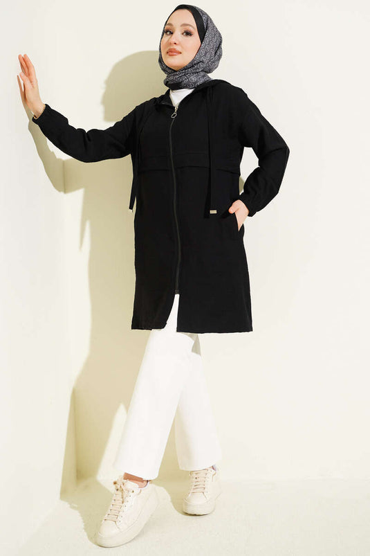 Black Abaya with Hood and Zipper Detail