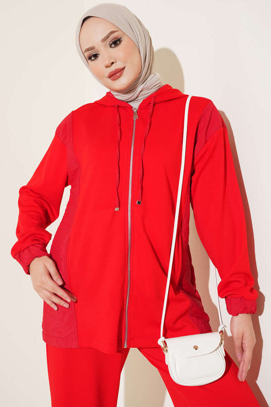 Conjunto De Dos Piezas Con Capucha Y Cremallera En Rojo