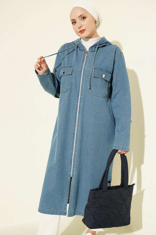 Giacca Con Cappuccio E Zip In Azzurro Chiaro Con Dettagli