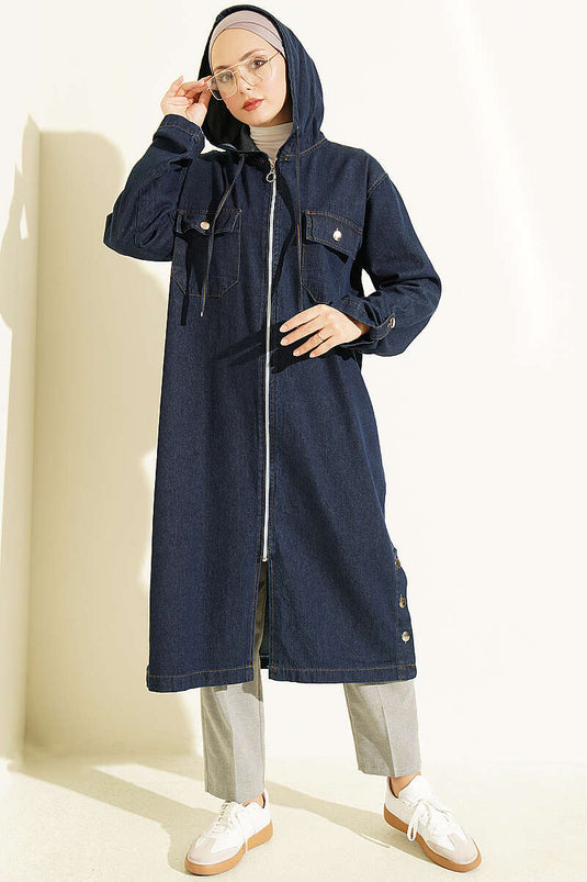 Felpa Con Zip E Cappuccio Blu Navy