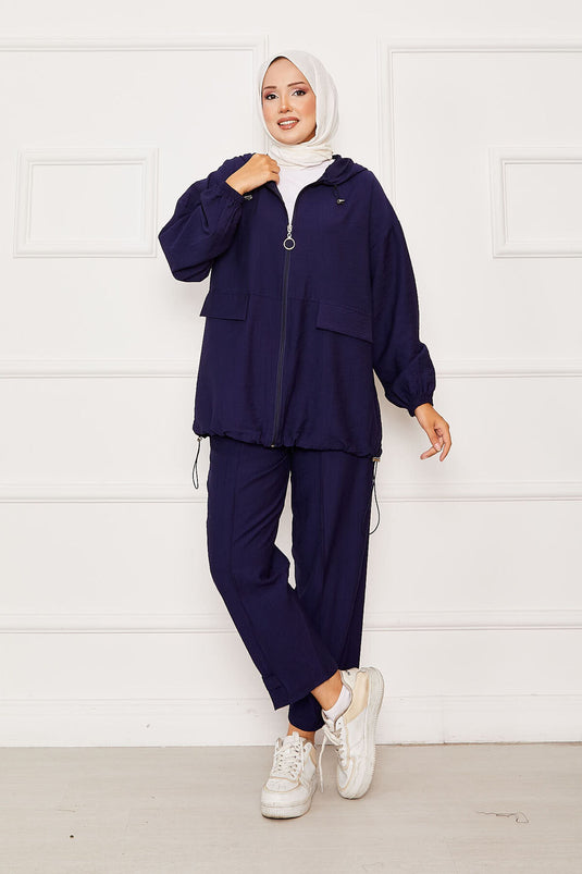 Conjunto De Dos Piezas Holgado Con Capucha Y Cierre Zipper Azul Marino