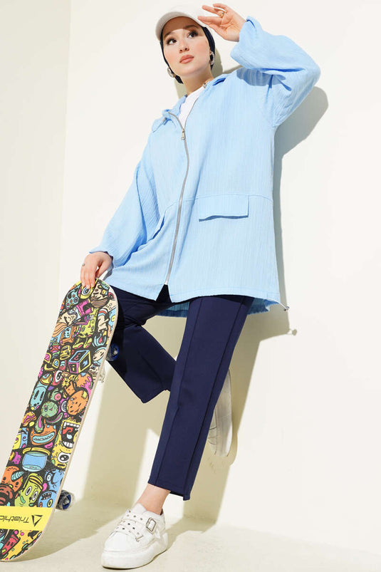 Kapüşonlu Fermuarlı Ağaç Kabuğu Kap Mavi