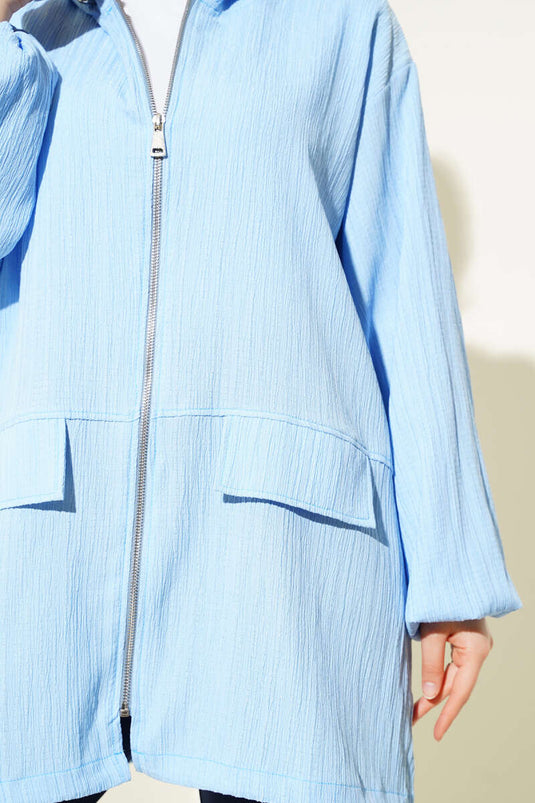 Kapüşonlu Fermuarlı Ağaç Kabuğu Kap Mavi